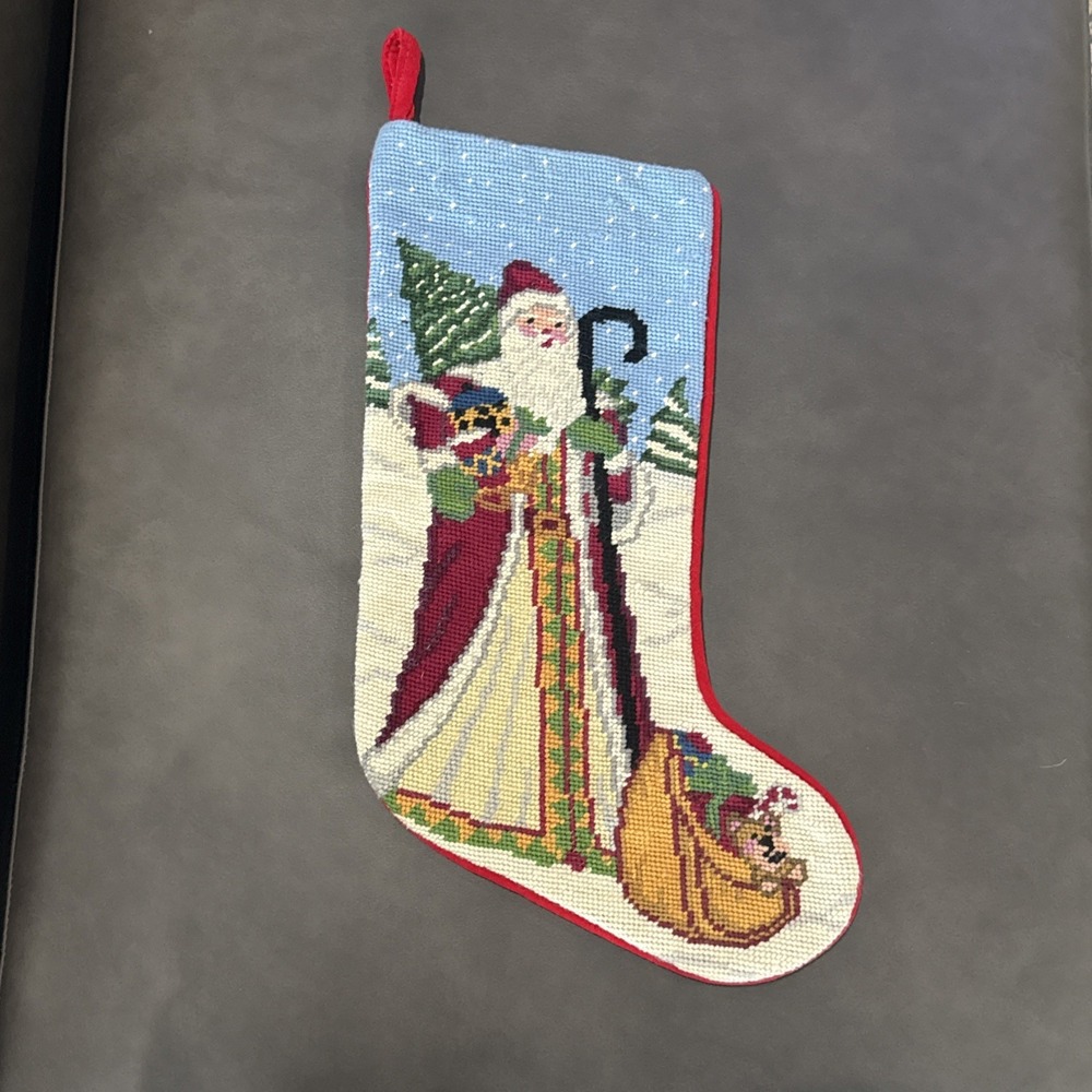 Vintage Wool Embroidered Needlepoint Christmas Stocking Santa Claus